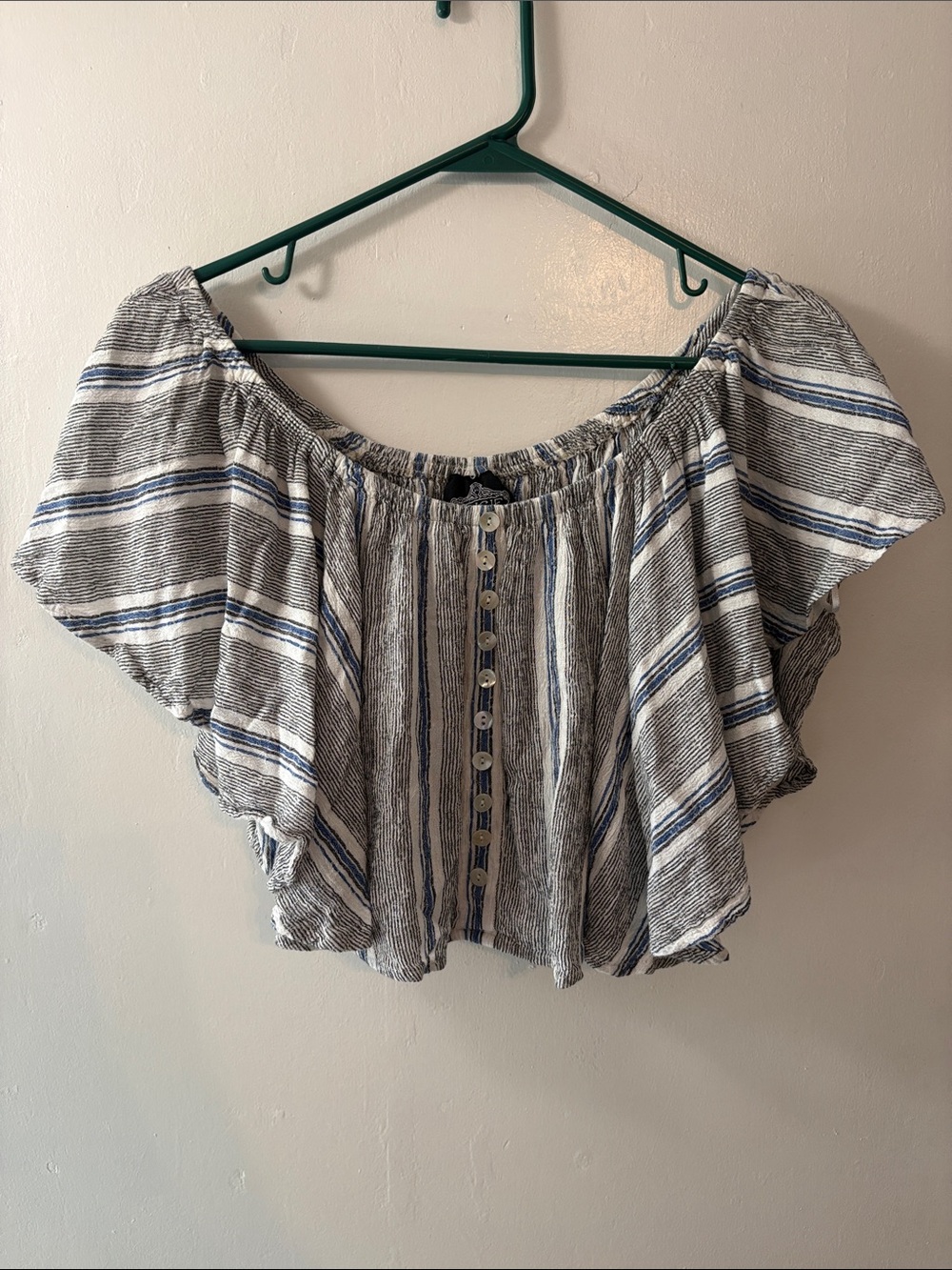 Angie Blue & White Striped Off-Shoulder Crop Top Size Large